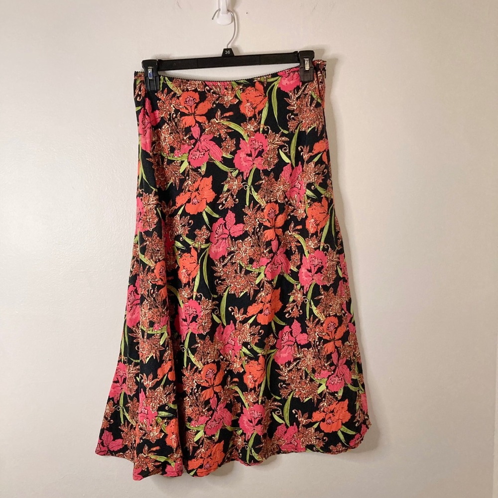Tropical Floral Linen Blend Midi Skirt Black Pink Orange Croft & Barrow 14 Boho